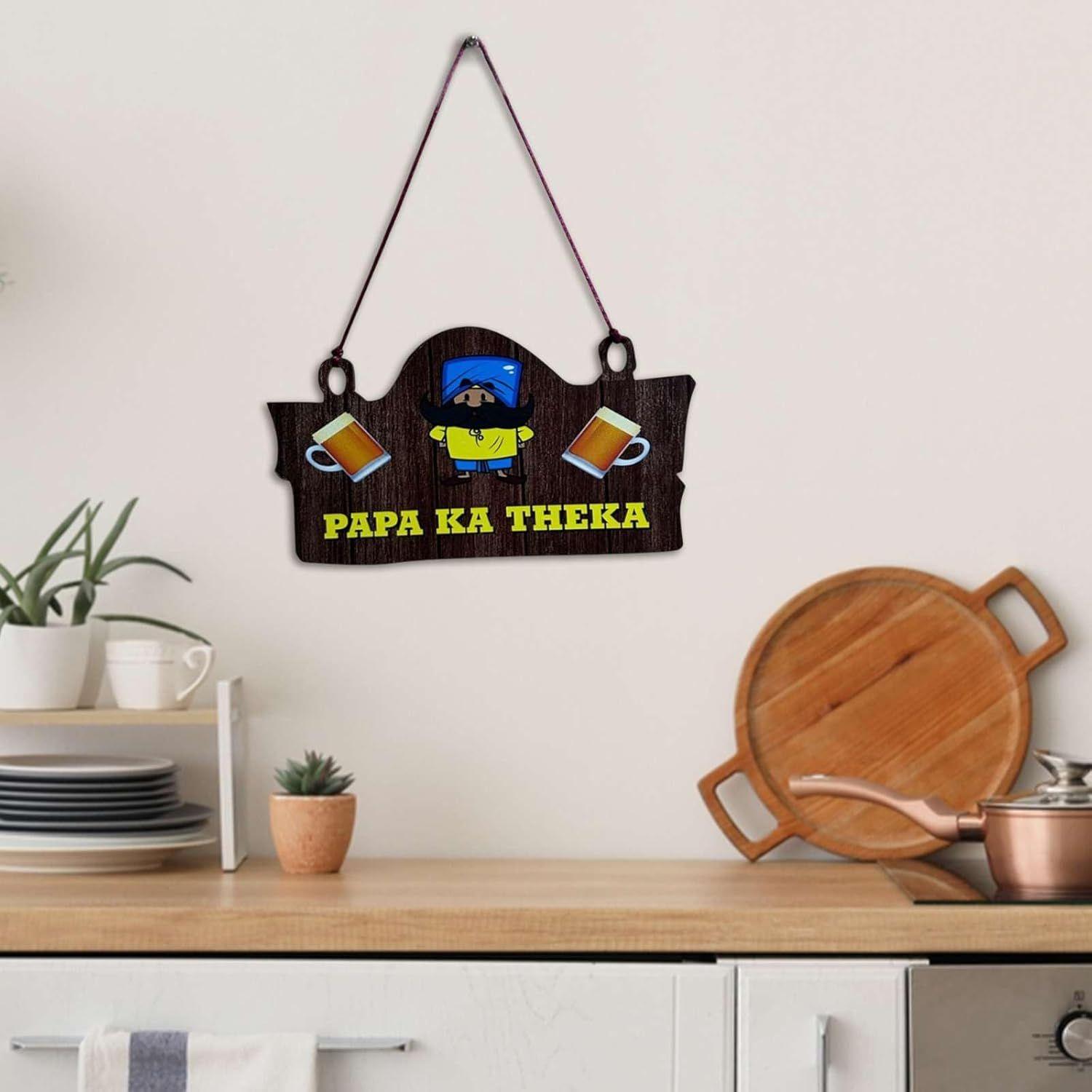 

Papa Ka Theka Wooden Wall Hanging – Rustic Kitchen & Bar Wall Art - Modern Decorative Quote Plaque for Living Room, Dining Area, Bedroom, Office