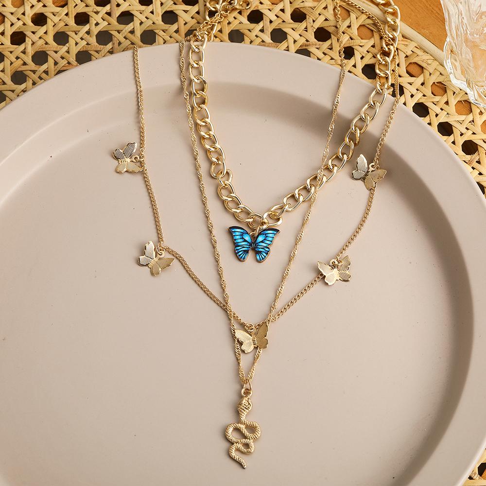 Creative Simple Temperament Women's Necklace Lovely Atmosphere Blue Butterfly Snake Necklace 3-piece Set