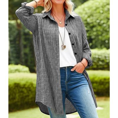 Künstlerische Gestreifte Hemden Mittellang Langärmlig Übergröße Tasche Damenblusen & Hemden