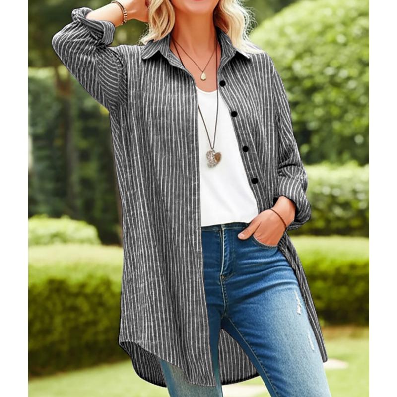 Umělecké pruhované košile střední délky s dlouhým rukávem nadměrné velikosti s kapsou dámské halenky a košile