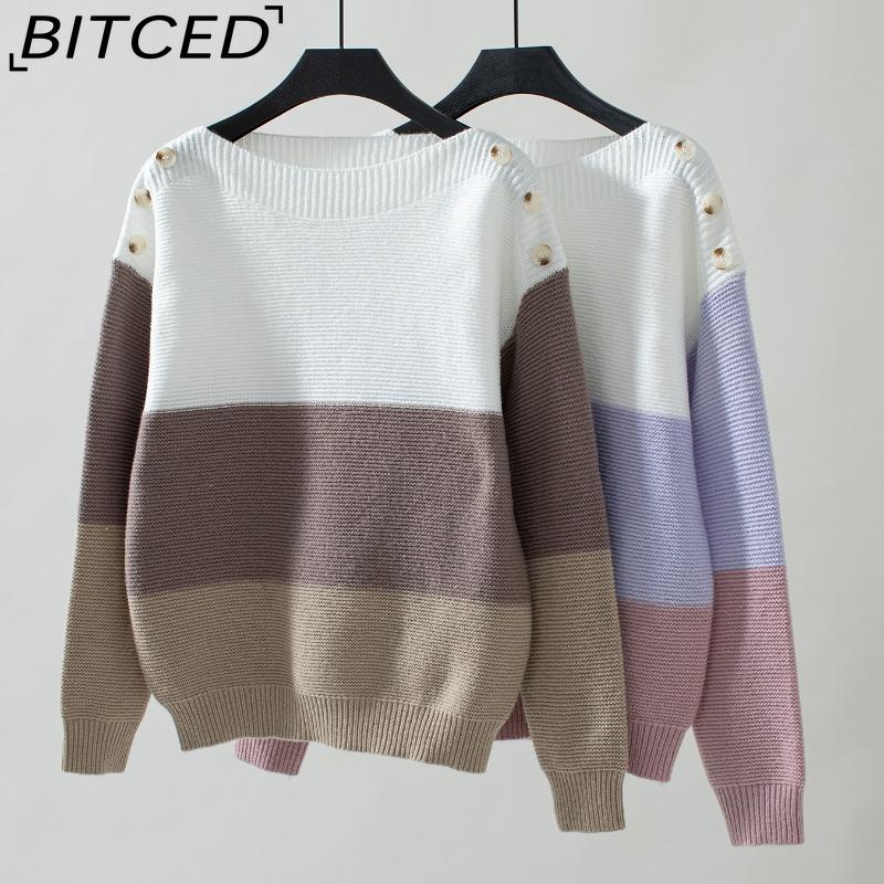 BITCED Colour-Block Off-the-Shoulder Button-Front Pullover Women's Sweater Autumn/Winter Casual Oversized Knitwear