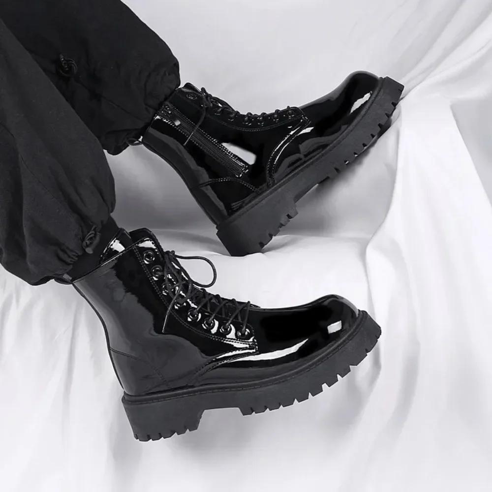 New Men Black Patent Leather British Style Motorcycle Boot Couple Outdoors High Top Leather Waterproof Casual Leather Boots