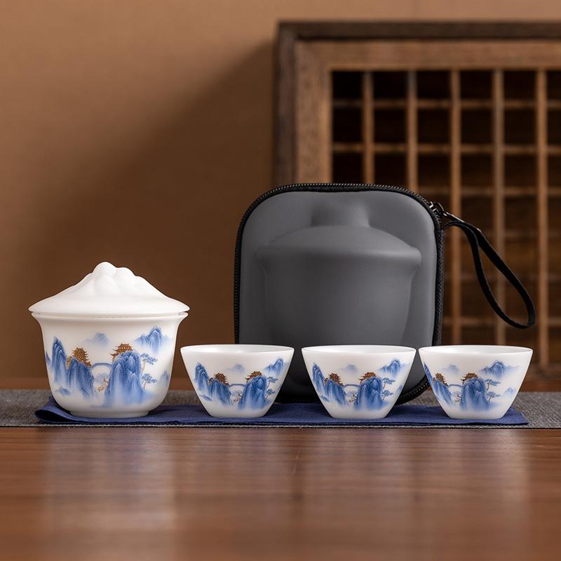 

Light luxury travel tea set ice seed jade porcelain high-end gaiwan Mid-Autumn Festival festival anniversary annual meeting business souvenir gift
