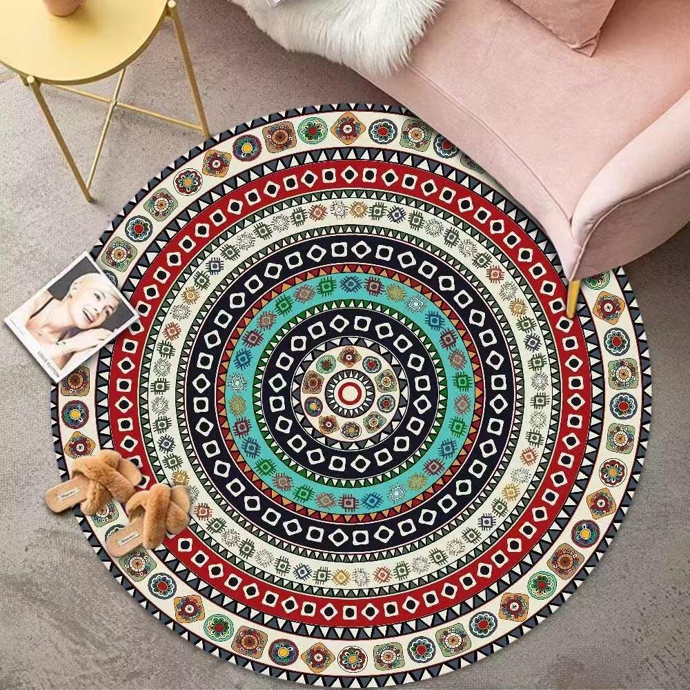 Flower Print Round Carpet Colorful Geometric Design Vintage Decor Mat Boho Ethnic Decor Non-Slip Rug for Living Room Bedroom