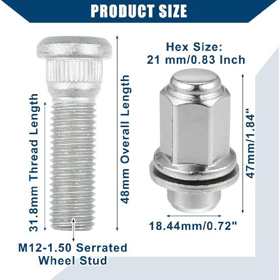 No.90942-02049/90942-01058 M12-1.5 Wheel Stud Bolts for Lexus for Toyota for Scion/Front Rear Left Right Wheel Lug Stud/Alloy Steel 14.20mm Knurl