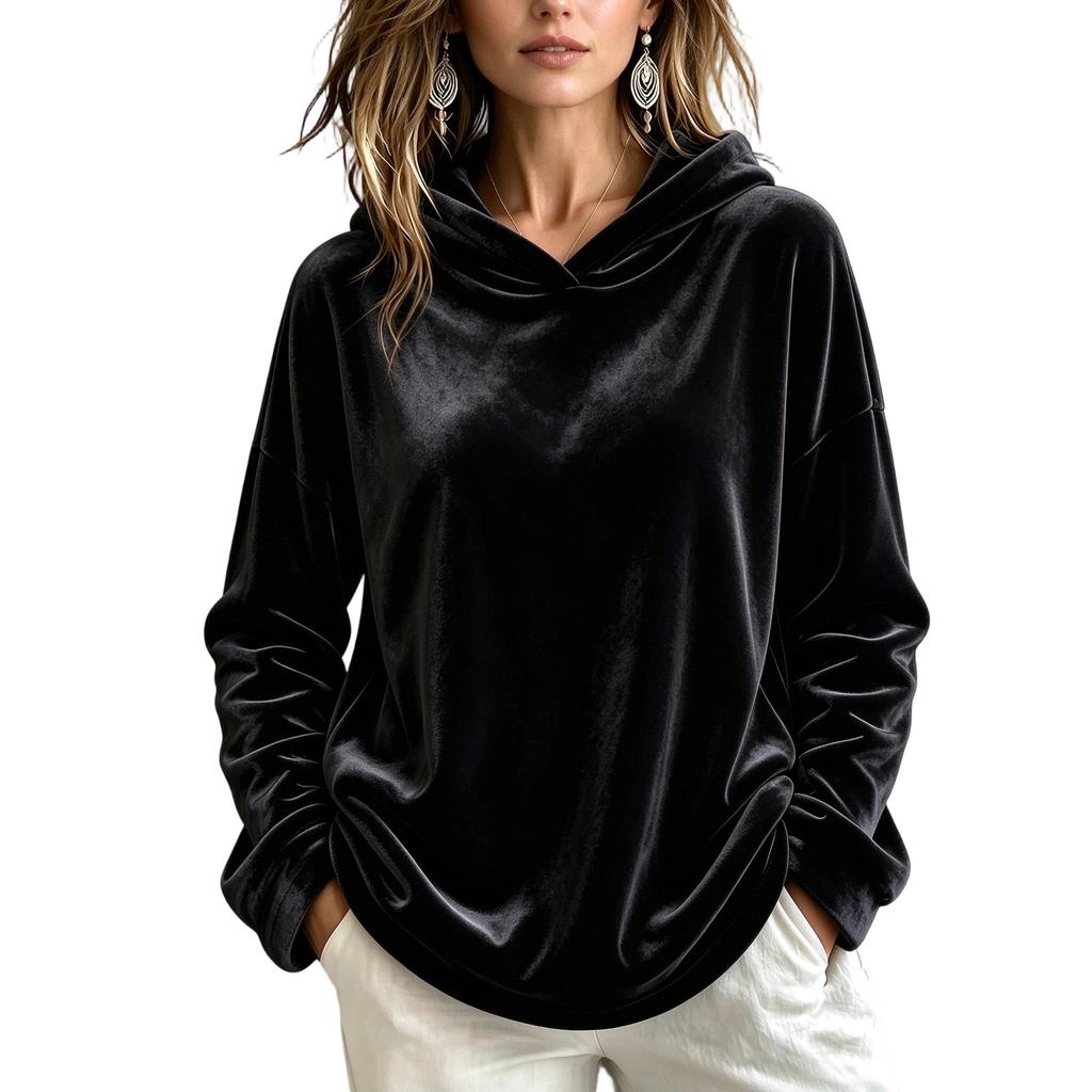 Women's Velvet Hooded Sweatshirt Long Sleeve Color Loose Fit Casual Top for Fall Winter