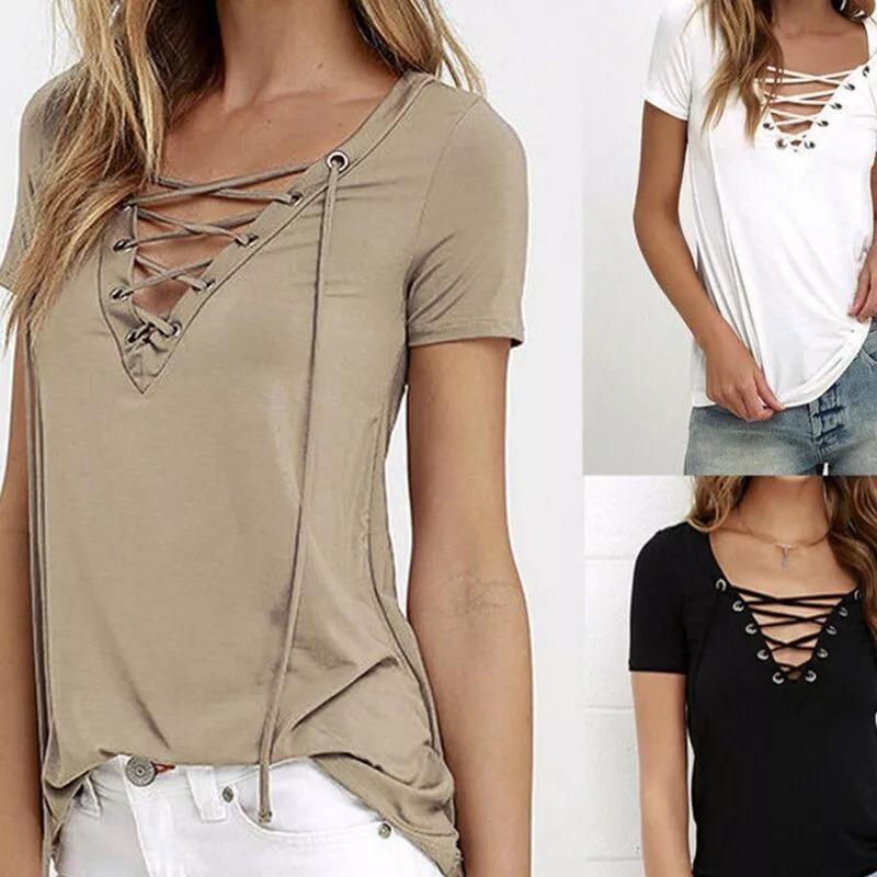 Women Short Sleeve T-Shirt Sexy V-Neck Tops Ladies Summer Casual Pullover Blouse