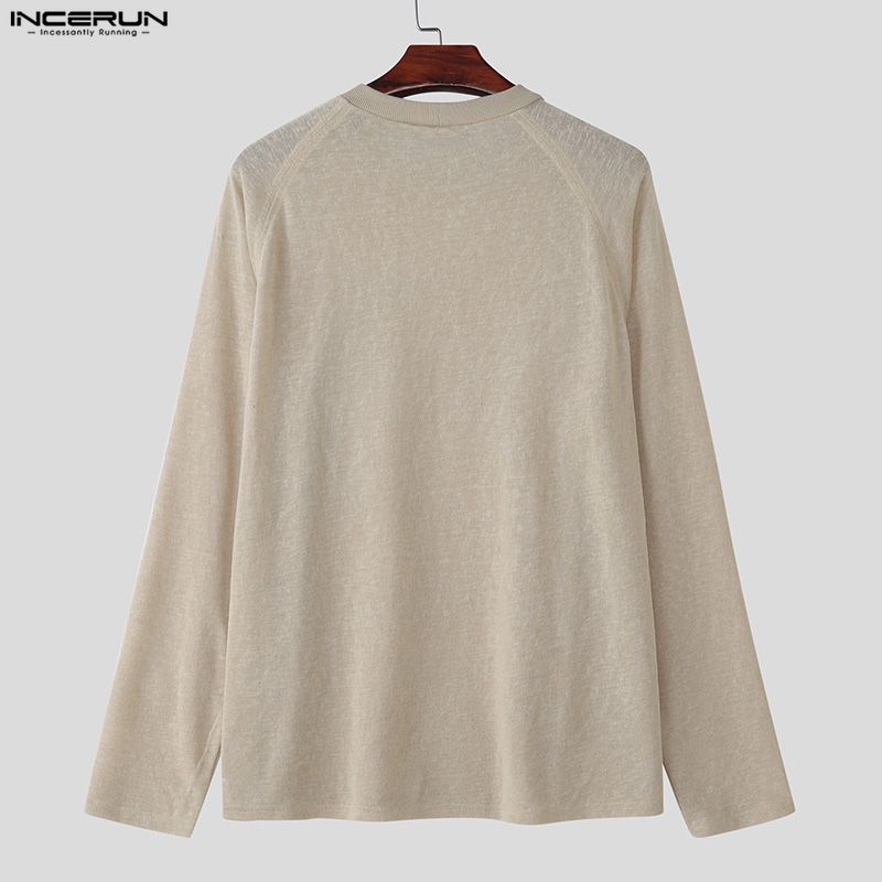 INCERUN Spring Men Round Neck Long Sleeve Crochet Casual Loose Pullover T-shirts Tops