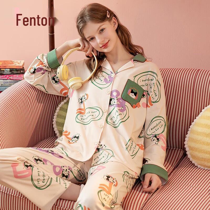 Fenteng Women s Pure Cotton Cat Print Pajama Set L