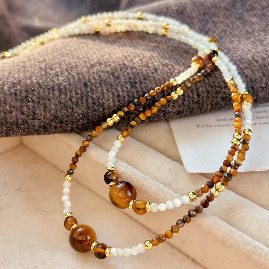 

Vintage Natural Maillard Tiger S Eye Stone Shell Design Sense Clavicle Chain Necklace