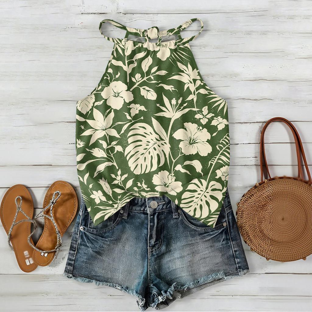 Damen Boho Blumenmuster Ärmelloses Tanktop Sommerlich Lässig Strandkleidung Leicht Locker Sitzende Bluse mit Verstellbaren Trägern