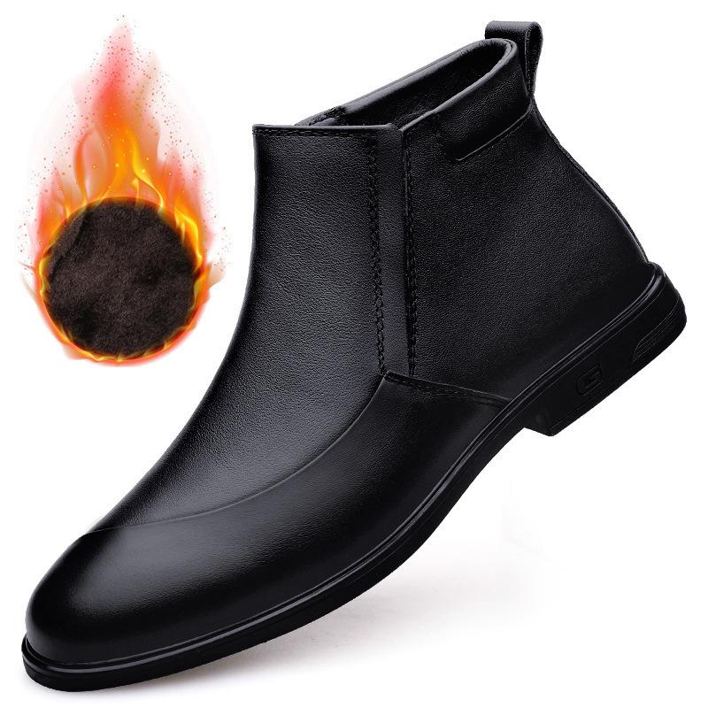 Autumn and winter men's shoes round head casual shoes business leather shoes men's first layer cowhide foot cover winter velvet snow boots men