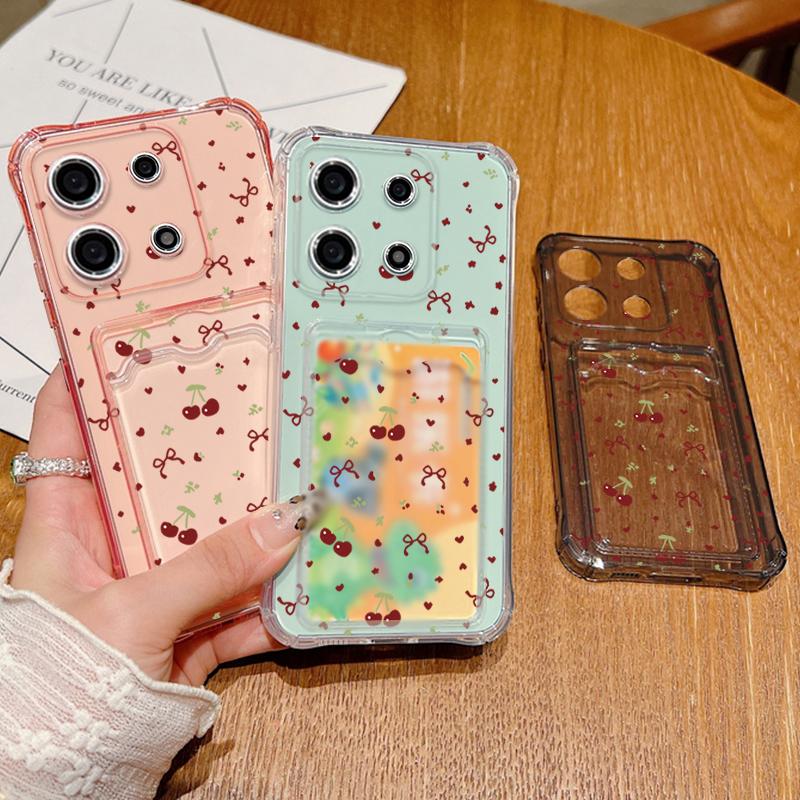Motif Nœud Cerise Fente pour Carte Étui en Silicone Souple Pour Xiaomi 14T 13T Pro Poco F6 Pro X6 C65 Redmi Note 13 12 Pro 11 Housse de Téléphone Transparente Antichoc