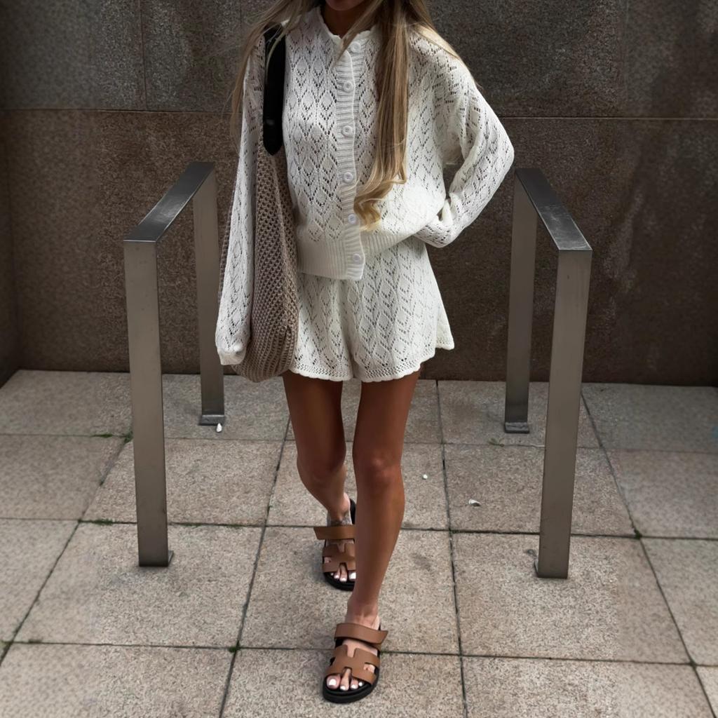 Women's White Lace Knit Cardigan and Shorts Set Sleeveless Cropped Top Two Piece