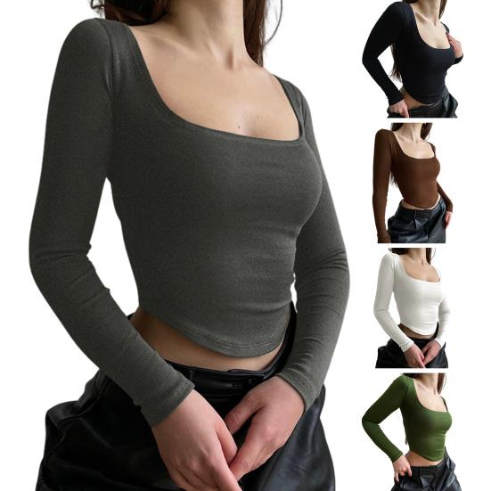 Crop top pentru femei, cu gât pătrat, mâneci lungi, tricou scurt tricotat, culoare pură, pulover elastic, bluză de petrecere în club