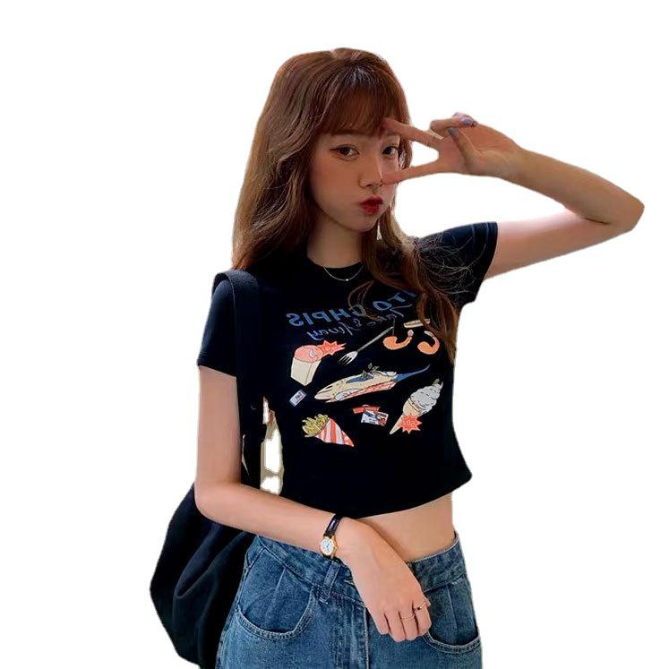 High-Waist Cropped T-Shirt, Slim Fit, Korean Style, 2022 Summer Chic, Short Sleeve
