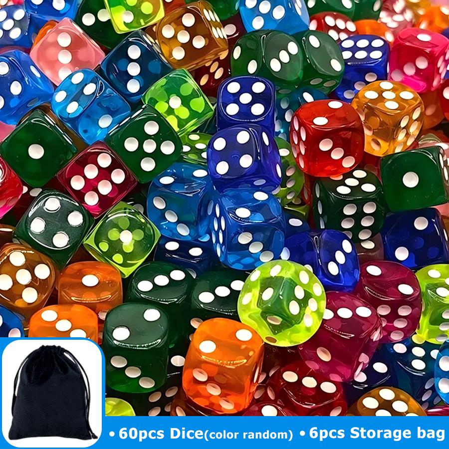 

60pcs 14mm High-Transparency Acrylic Colored Dot Dice & 6pcs Black Drawstring Storage Bags Role-Playing Game Dice Party Supplies