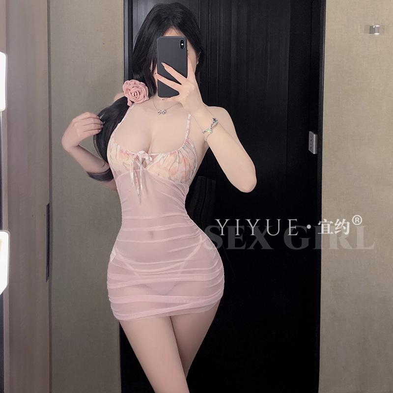 Erotic Underwear, sexy halter, tie, hip-hugging dress, women's cinched waist, sheer mesh, see-through uniform, Seductive pajamas 1464