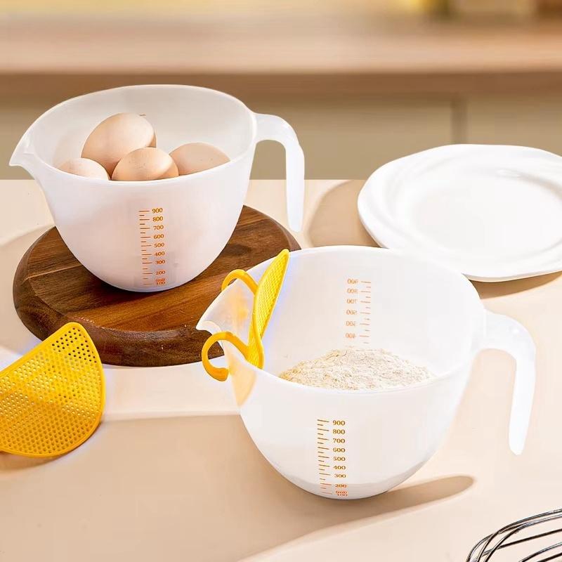 1L Messbecher mit Eierflüssigkeitsfilter, durchsichtige Schneebesenschüssel mit großem Fassungsvermögen und Messbecher mit Skala, Backmessgerät