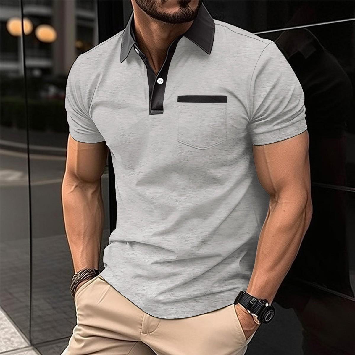 

Мужская рубашка поло Slim Fit с лацканами и нагрудным карманом - короткий рукав, модный стиль M светло-серый
