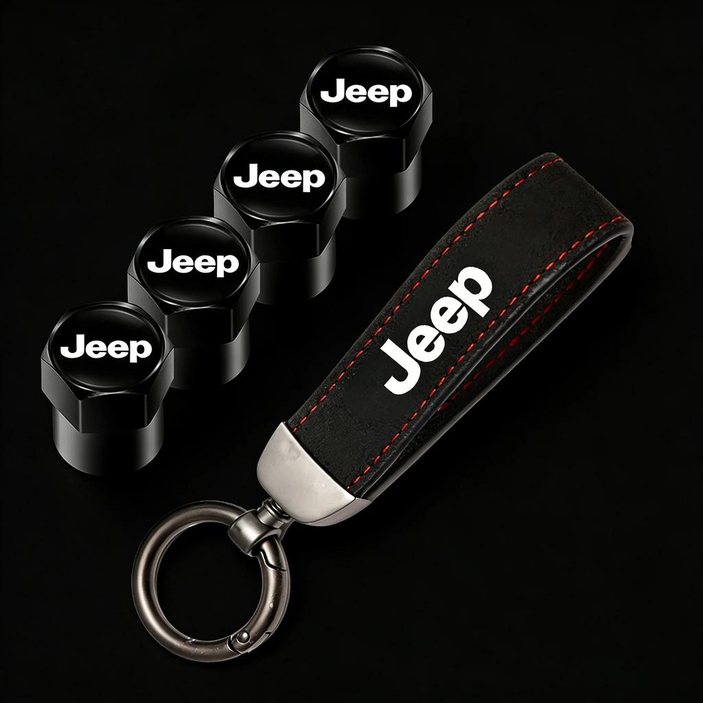 4PCS Jeep Tire Valve Stem Caps + Suede Keychain Set for Renegade Grand Cherokee Patriot Wrangler Compass Auto Accessories ALS1