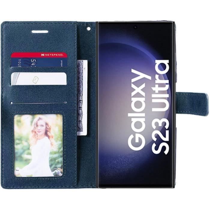 Coque pour samsung galaxy s23 ultra - protection antichoc effet cuir flip bleu marine