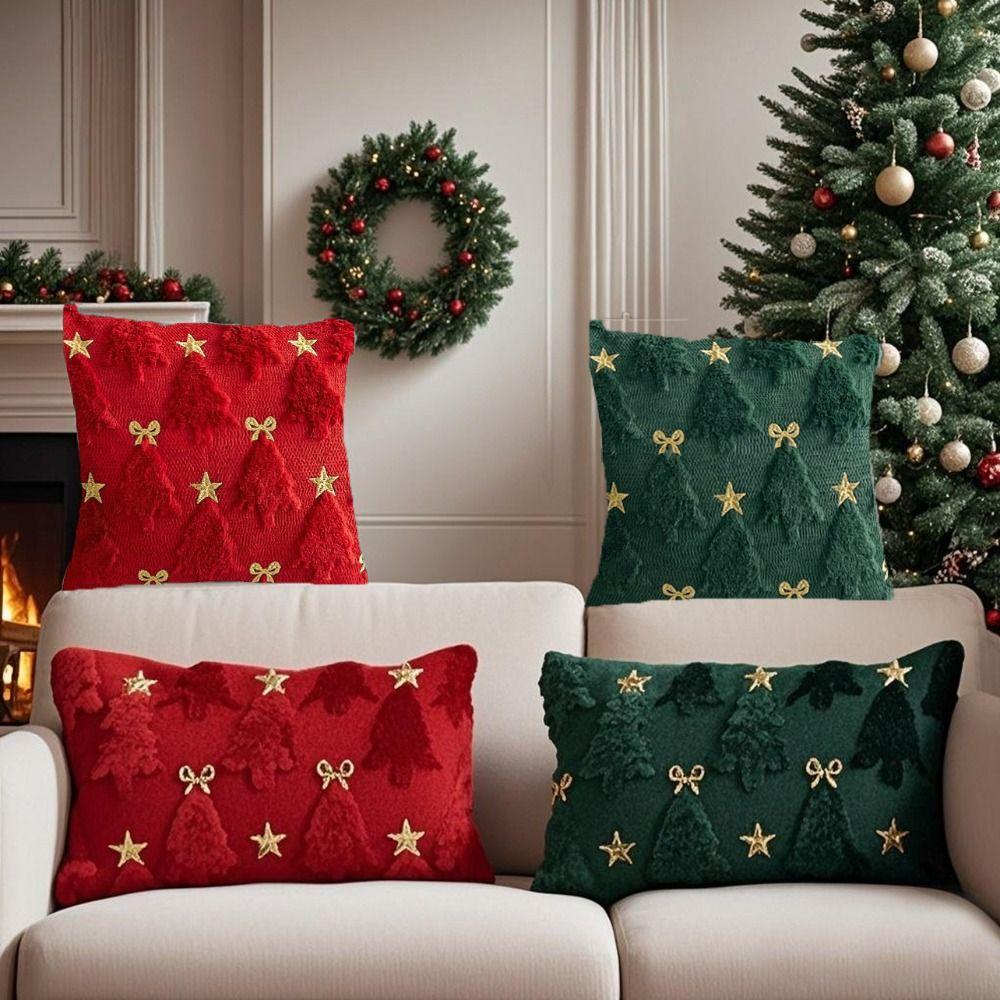 1PC Short Christmas Pillow Cover Soft Comfortable Xmas Tree Pillowcase Embroidered Bowknot Five-pointed Star Cushion Slipcover