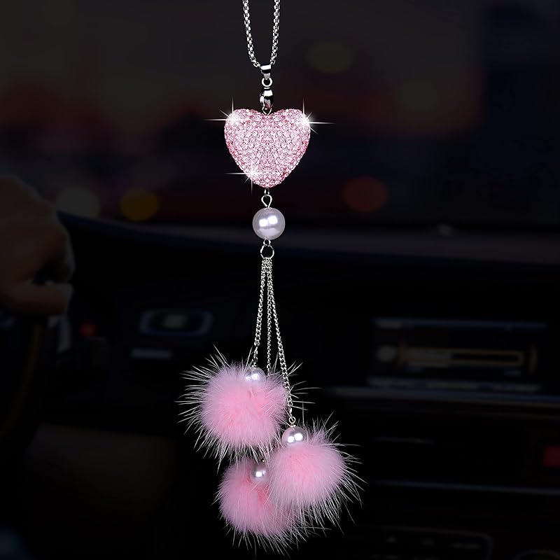 Wisdompro Bling Car Rear View Mirror Hanging Accessories for Women, Crystal Diamond Heart Rhinestones Hanging Charm for Rearview Mirror, Lucky Auto Pink Heart