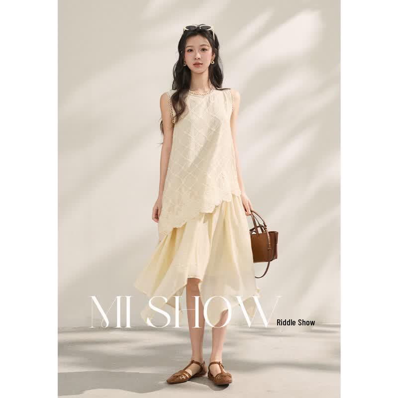 

French Style 3D Jacquard Lace Irregular Hem Midi Dress L