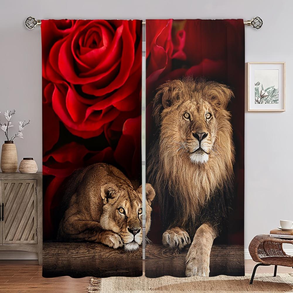 2pcs Luxury Gold Lion Tiger Animal Kids Curtains Blinds Window Treatment for Bedroom Office Kitchen Living Room Study Home Decor