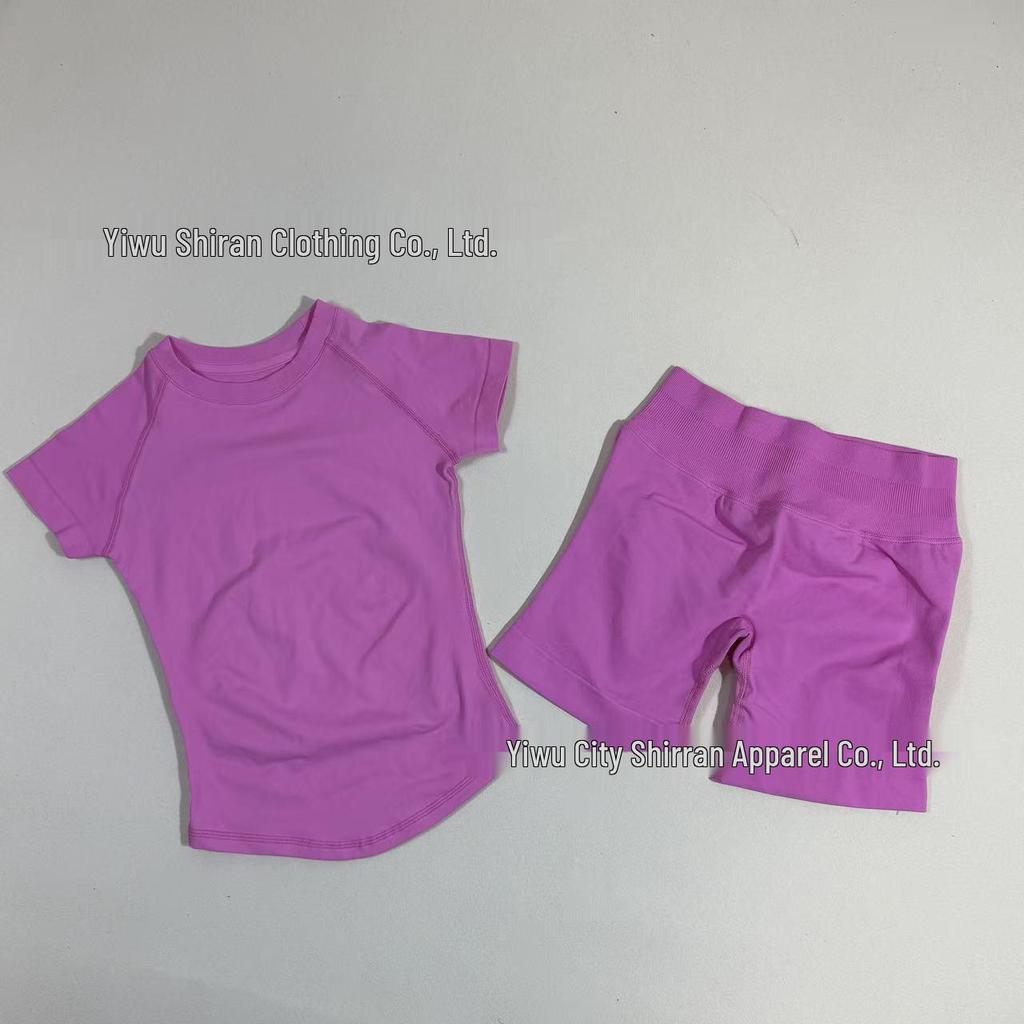 Damen nahtloses kurzärmeliges Sportset mit hoher Elastizität und atmungsaktivem schweißableitendem T-Shirt