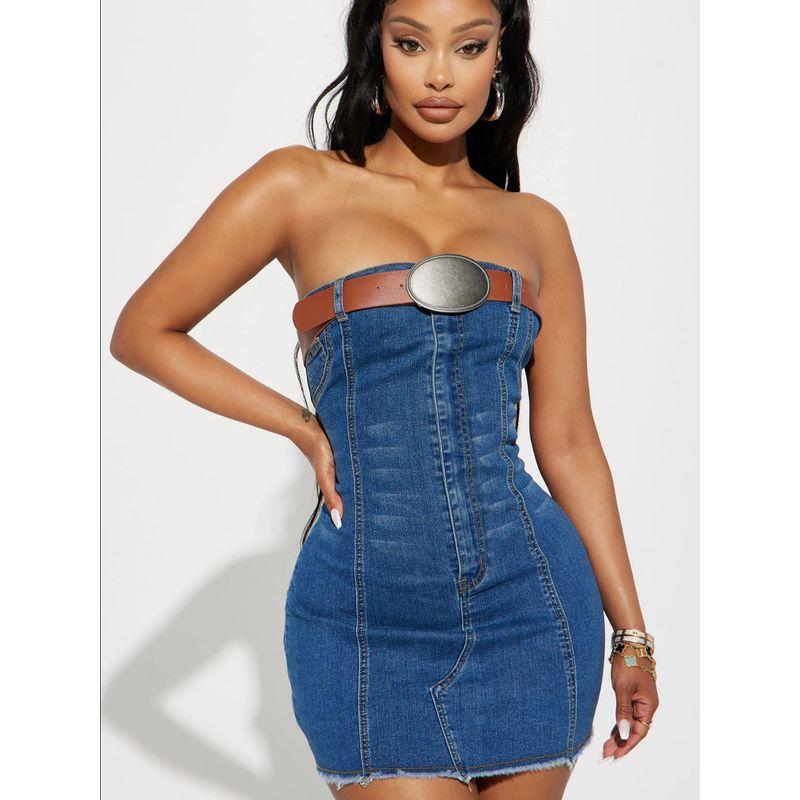 

Экспорт Чистый Оригинал Лос-Анджелес Одиночный Сексуальный Большой Сексуальный Топ-труба Пакет Бедра Джинсово-синий Широкий Пояс Платье-футляр Необработанный край Denim Blue Strapless Skirt 3X