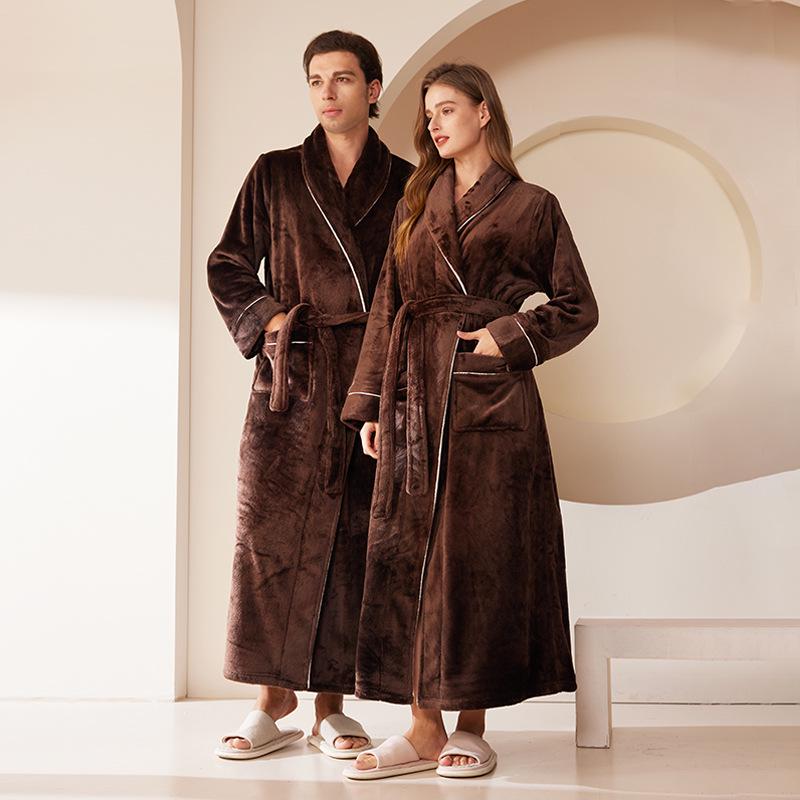 Extra-Long Coral Fleece Bathrobe for Men and Women - Winter Style Flannel Pajamas