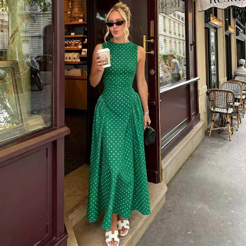 European Style Vintage Polka Dot Print Sleeveless Round Neck Slim Fit A Maxi Dress