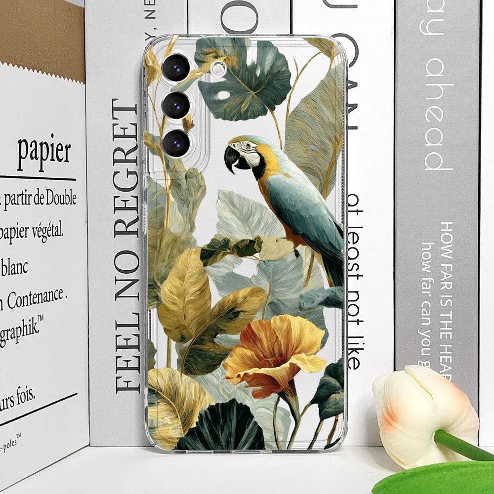 Cartoon Leaves Palm Tree Flowers Bird Phone Case for Samsung Galaxy S25 Ultra S25 Fe S24 S23 FE S22 S21+ S20 Plus 5G Soft Cover