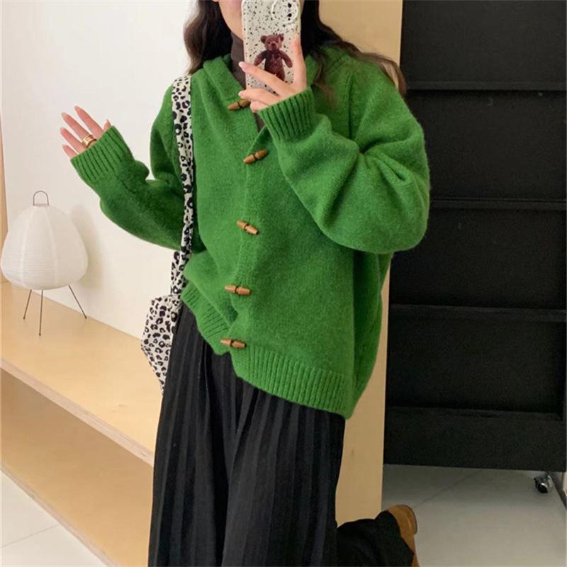 Korean lazy wind hooded horn button sweater cardigan women's new design soft waxy knitted autumn coat top