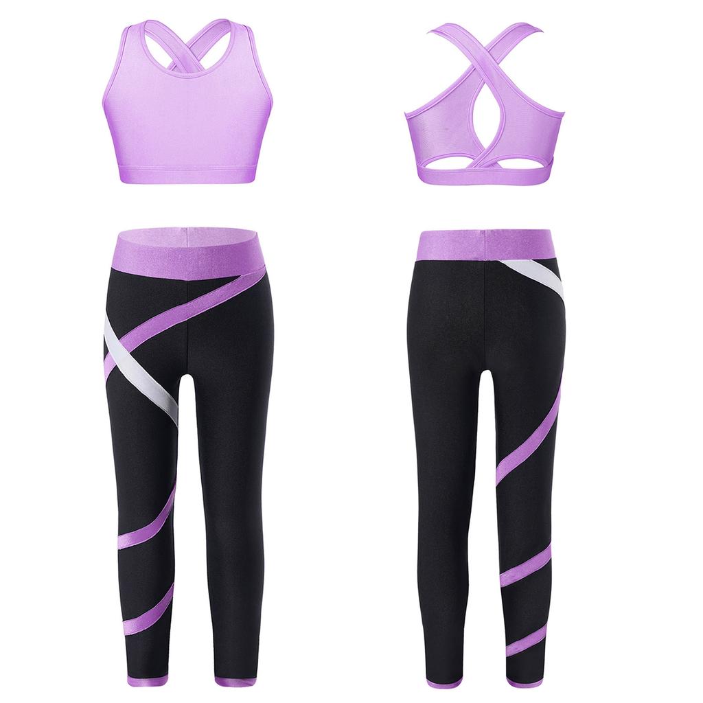 Dívčí Crop Top s U výstřihem, kříženými ramínky a klíčovou dírkou na zádech, bez rukávů, Color Block Legíny, Jógový Sportovní Set