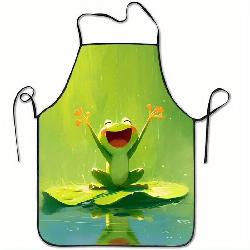 A Joyful Frog Design on a Lotus Leaf, Unisex Printed Apron, Suitable for Chefs, Perfect for Kitchen Baking, Outdoor Barbecues, Painting, Gardening, Ha