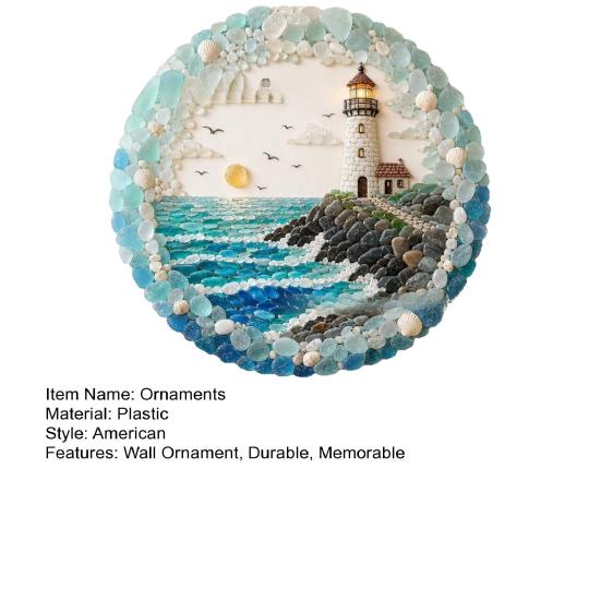 Textured Ocean Art for Home Lighthouse Sea Glass Wall Ornament, Hand Assembled Shells And Tumbled Entryway Seaside Focal Point Decor,