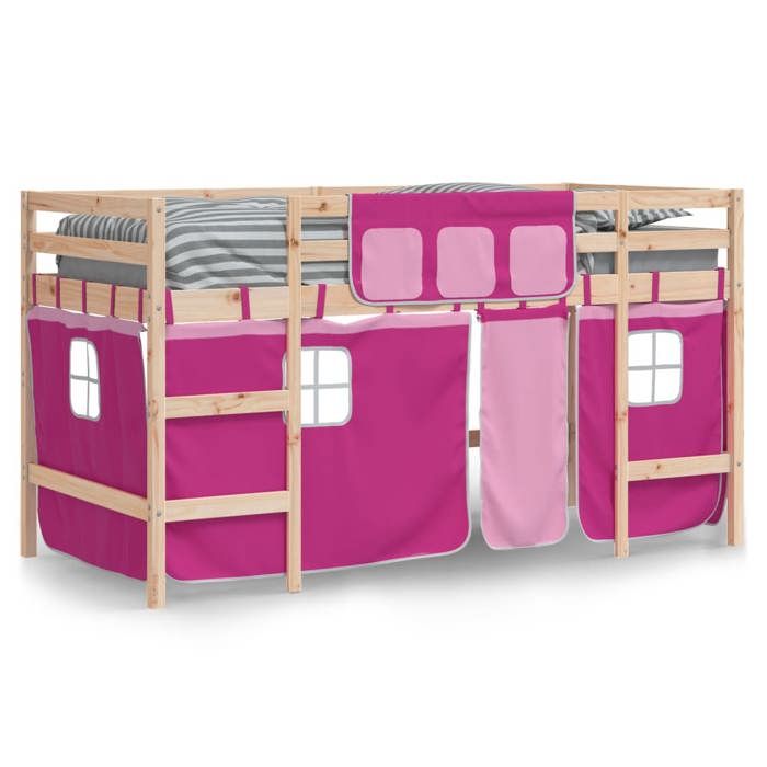 VidaXL Children's Mezzanine Bed and Curtains, Raised Bed for Children with Ladder, Bedroom Storage Furniture, Modern, Pink 3206975