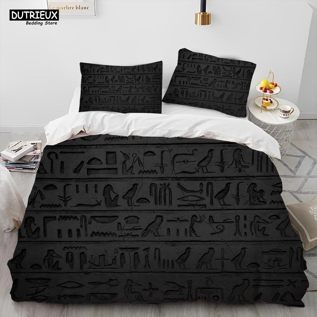 Egyptian Mythology Pharaoh Hieroglyphics Comforter Bedding Set,Duvet Cover Bed Set Quilt Cover Pillowcase,Queen Size Bedding Set