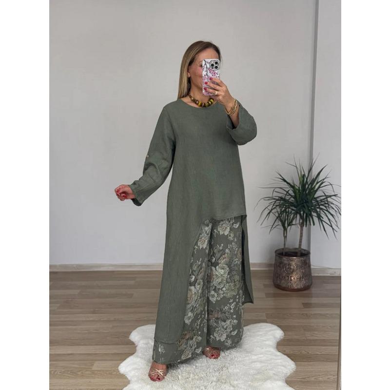 

Женская Мода Повседневный Весенний Осенний Цветочный Принт Длинный Рукав Круглый Вырез Брюки Костюмы XXXL зелёный