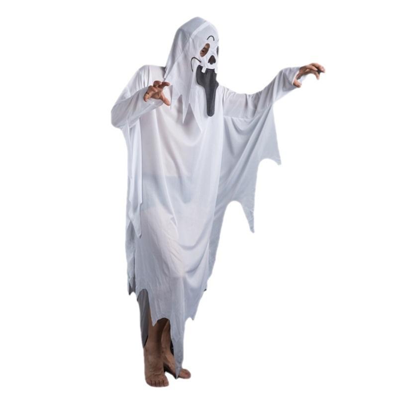 Adult Scary Smiling White Dress with Scary Face, Men Womens Halloween Cloak Cape for Cosplay Photo Props