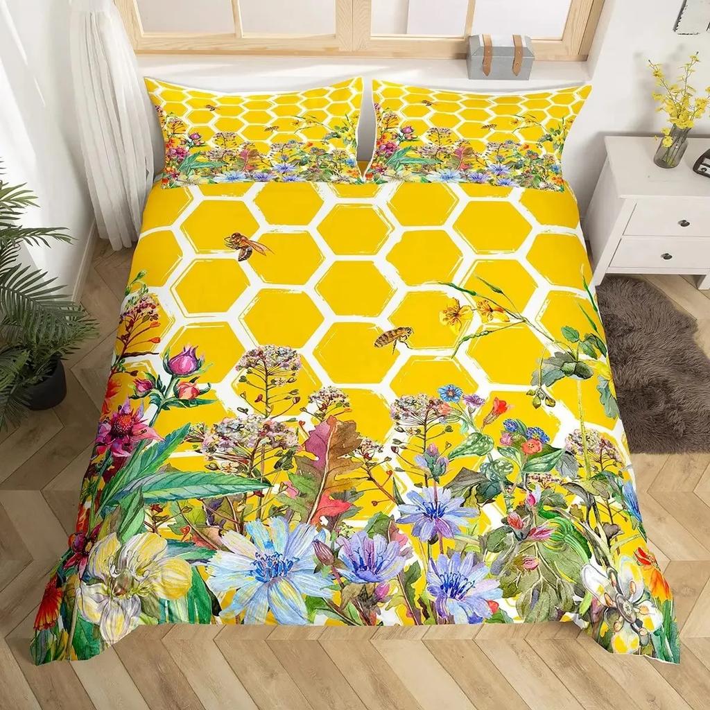 Bee And Butterfly Duvet Cover Set,Spring Floral Bedding Sets For Boys Girls,Colorful Flowers Country Style Comforter Cover Queen