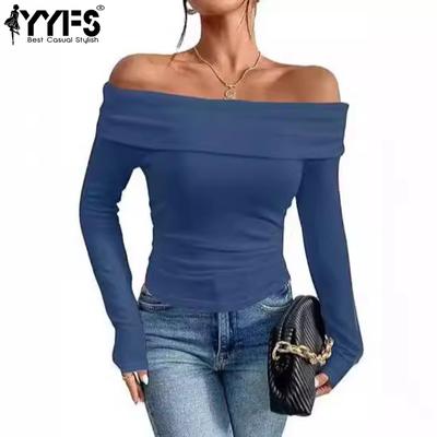 Women's Fashion Casual Spring Fall Solid Color Print Long Sleeve One Shoulder Blouses & Shirts