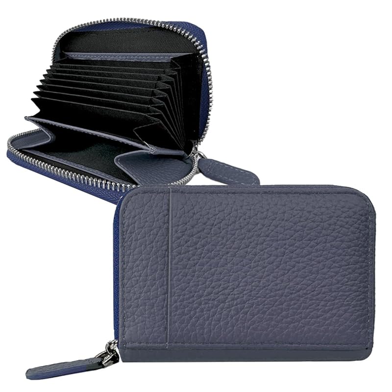 

[Giselle] card case genuine leather large capacity compact wallet bifold small thin mini wallet Bellows pass case coin purse ladies men s (Navy)