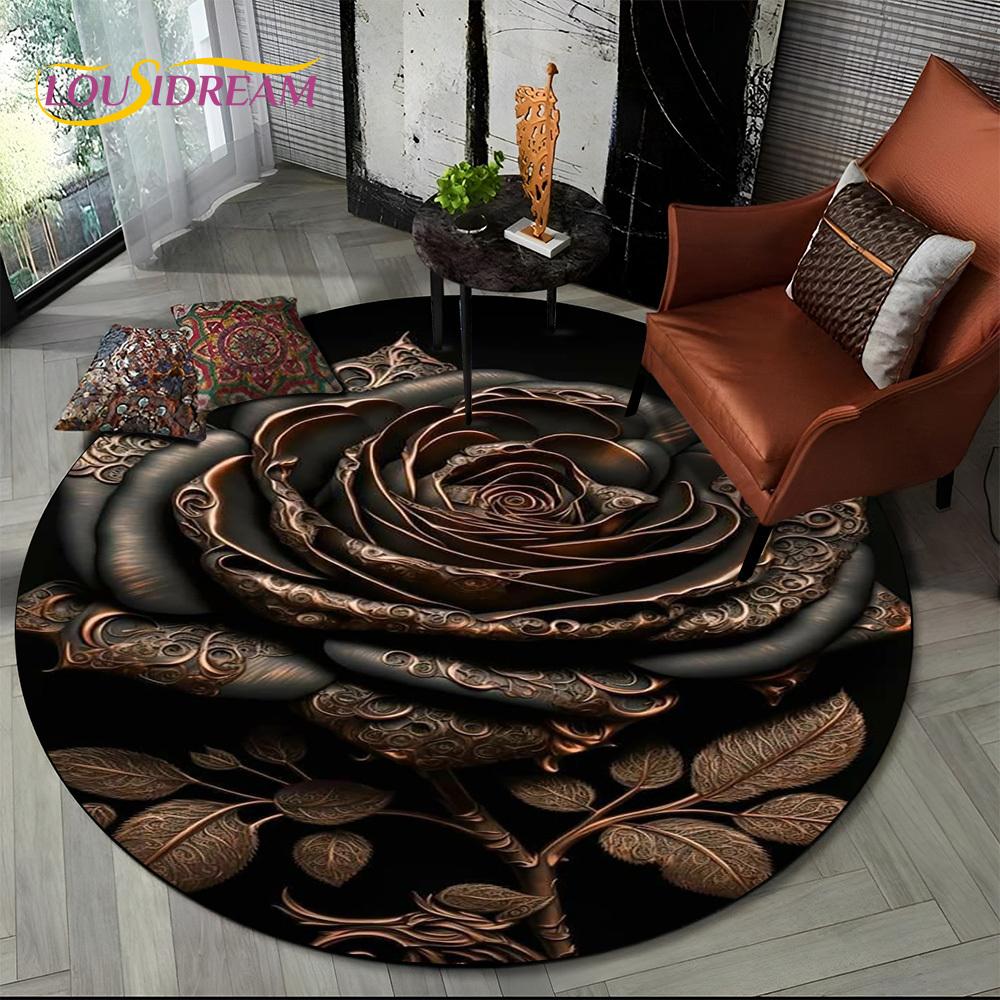 3D Dream Flower Rose Daisy Nordic Round Carpet Rug for Living Room Bedroom Child Playroom Chair Decor,Pet Area Rug Non-slip Mat
