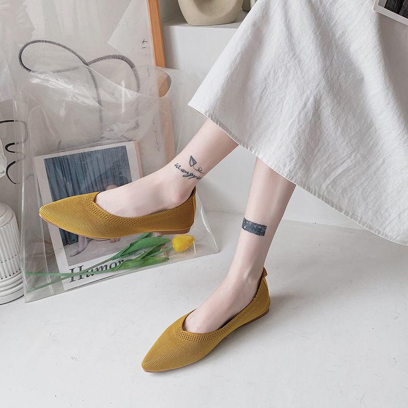 Жіноче взуття Весняно-літнє в'язане односпальне взуття з гострим низом, дихаюче взуття з квасолею, м'яке взуття з неглибоким ротом