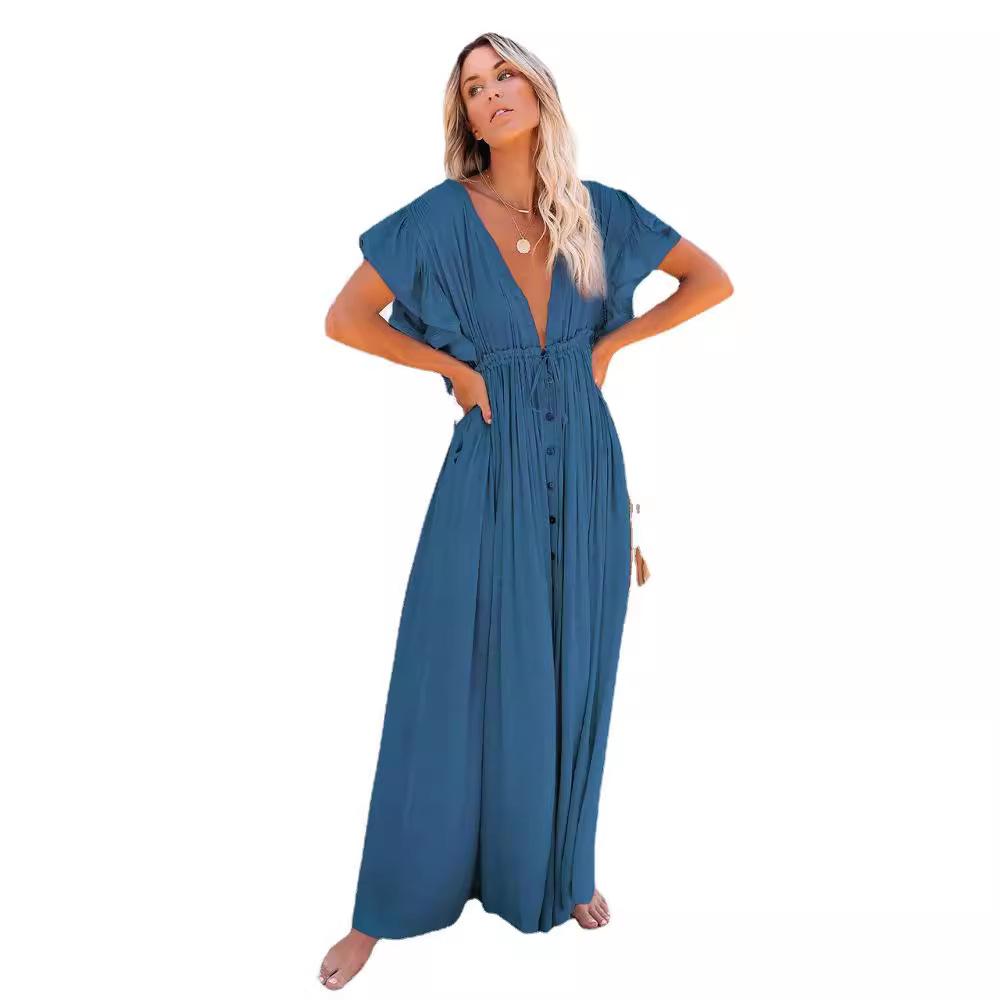 

QICED Летний солнцезащитный смок V-образный вырез на пуговицах со шнурком Длинная юбка Пляжный отпуск Пляжное платье Женское Uniform size