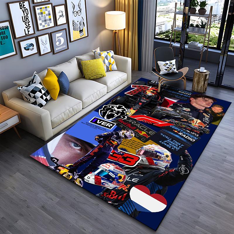 Sports Area Rug, Max Verstappen Red Bull 33 Radio Collage Blue Background Cars Helmets Print, Garage Decor, Non-Slip Mat